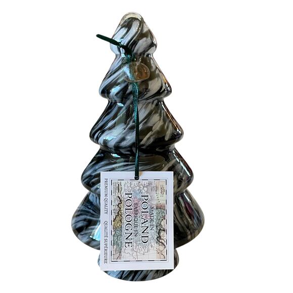 Art Glass CHRISTMAS TREE 10in Black White Marble Handmade in Poland NEW - Picture 2 of 10